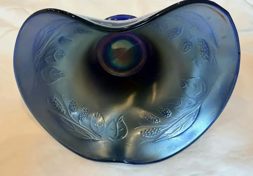 Vintage Fenton Blackberry Spray Blue Carnival Glass Hat Vase